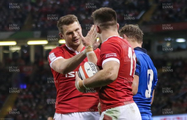 010220 - Wales v Italy, Guinness Six Nations -   Josh Adams of Wales is congratulated by Dan Biggar of Wales after scoring his second try