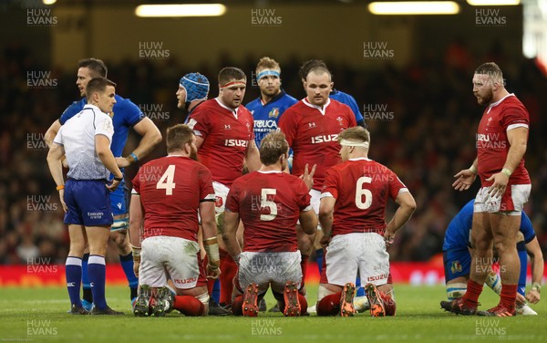 010220 - Wales v Italy, Guinness Six Nations -   Alun Wyn Jones of Wales issues instructions to Wyn Jones of Wales and Ken Owens of Wales before the scrum is set
