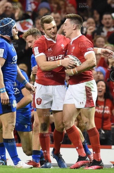 010220 - Wales v Italy - Guinness Six Nations - Dan Biggar and Josh Adams of Wales celebrate the second try
