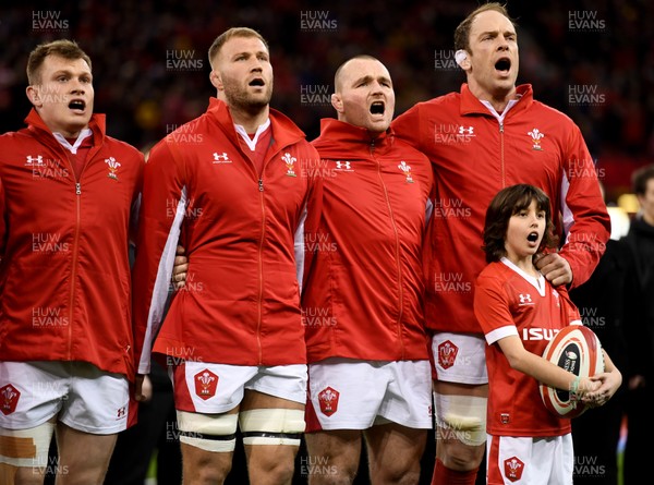 010220 - Wales v Italy - Guinness Six Nations - Nick Tompkins, Ross Moriarty, Ken Owens and Alun Wyn Jones of Wales during the anthem