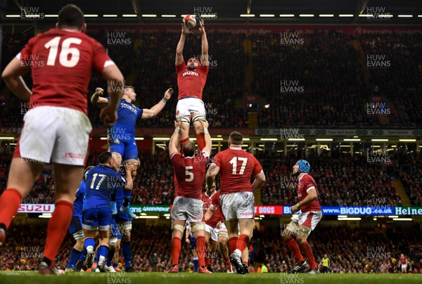 010220 - Wales v Italy - Guinness Six Nations - Cory Hill of Wales takes line out ball after Ryan Elias throw