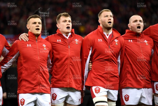 010220 - Wales v Italy - Guinness Six Nations - Jarrod Evans, Nick Tompkins, Ross Moriarty and Ken Owens during the anthems