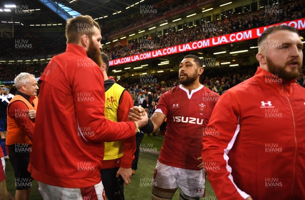 010220 - Wales v Italy - Guinness Six Nations - Jake Ball and Taulupe Faletau of Wales at the end of the game