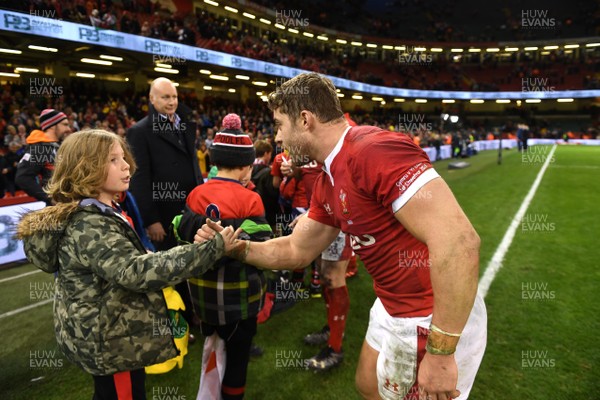 010220 - Wales v Italy - Guinness Six Nations - Leigh Halfpenny of Wales with supporters at the end of the game