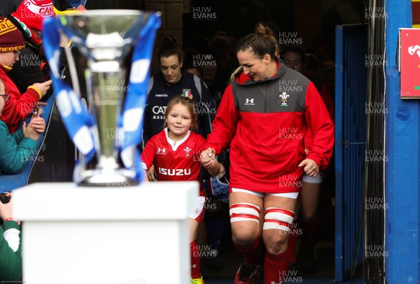 020220 - Wales v Italy, 2020 Women's Six Nations - Siwan Lillicrap of Wales runs out onto the pitch with the mascot