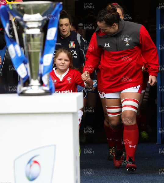 020220 - Wales v Italy, 2020 Women's Six Nations - Siwan Lillicrap of Wales runs out onto the pitch with the mascot