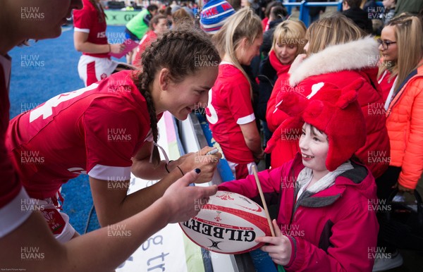 020220 - Wales v Italy, 2020 Women's Six Nations - Jasmine Joyce of Wales signs autographs at the end of the match