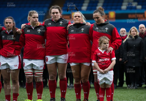 020220 - Wales v Italy, 2020 Women's Six Nations - Siwan Lillicrap of Wales with the mascot line up for the anthems at the start of the match