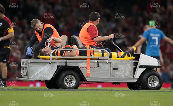 050915 - Wales v Italy - Dove Men Test - Leigh Halfpenny of Wales is taken off the field injured