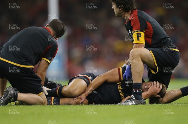 050915 - Wales v Italy, 2015 Dove Men Test - Rhys Webb of Wales shows the pain as he receives treatment for a leg injury