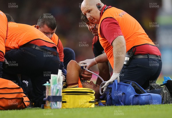 050915 - Wales v Italy, 2015 Dove Men Test - Rhys Webb of Wales shows the pain as he receives treatment for a leg injury