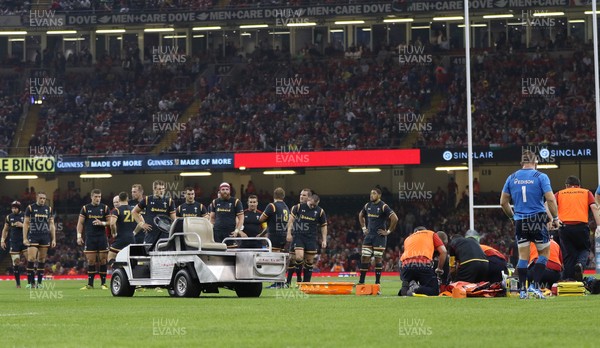 050915 - Wales v Italy, 2015 Dove Men Test - The Welsh team look on as Rhys Webb of Wales receives treatment for a leg injury