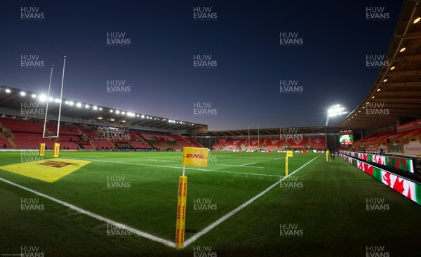 051220 - Wales v Italy, Autumn Nations Cup 2020 - A general view of Parc y Scarlets with DHL branded corner flags