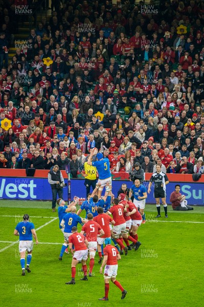 110318 - Wales v Italy, Nat West 6 Nations Championship - Dean Budd of Italy jumps for a line out ball 