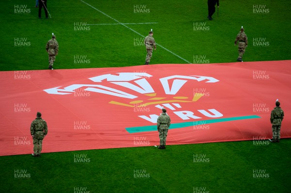 110318 - Wales v Italy, Nat West 6 Nations Championship - WRU flag on the pitch 