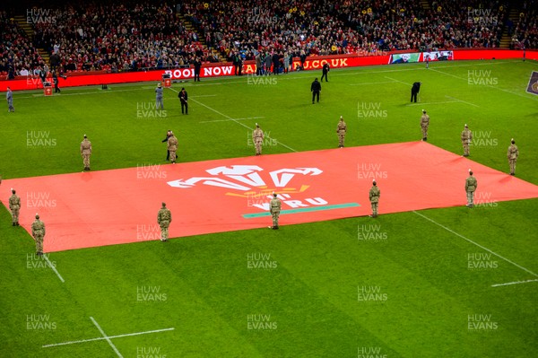 110318 - Wales v Italy, Nat West 6 Nations Championship - WRU flag on the pitch 