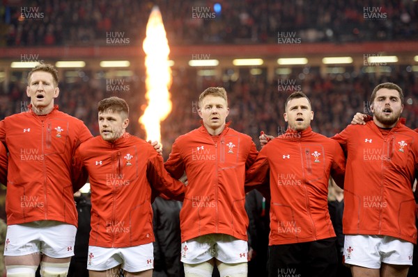 110318 - Wales v Italy - NatWest 6 Nations 2018 - Bradley Davies, Steff Evans, James Davies, Gareth Davies  and Nicky Smith during the anthems