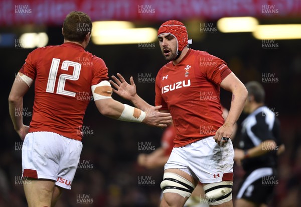 110318 - Wales v Italy - NatWest 6 Nations 2018 - Hadleigh Parkes of Wales celebrates scoring try with Cory Hill