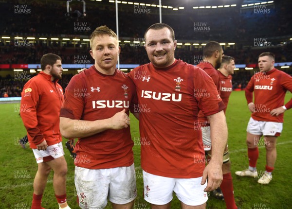 110318 - Wales v Italy - NatWest 6 Nations 2018 - Ken Owens and James Davies of Wales at the end of the game