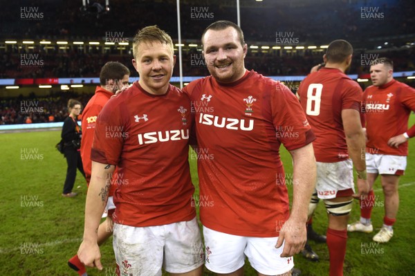 110318 - Wales v Italy - NatWest 6 Nations 2018 - Ken Owens and James Davies of Wales at the end of the game