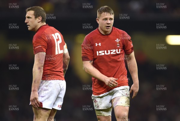 110318 - Wales v Italy - NatWest 6 Nations 2018 - Hadleigh Parkes and James Davies of Wales