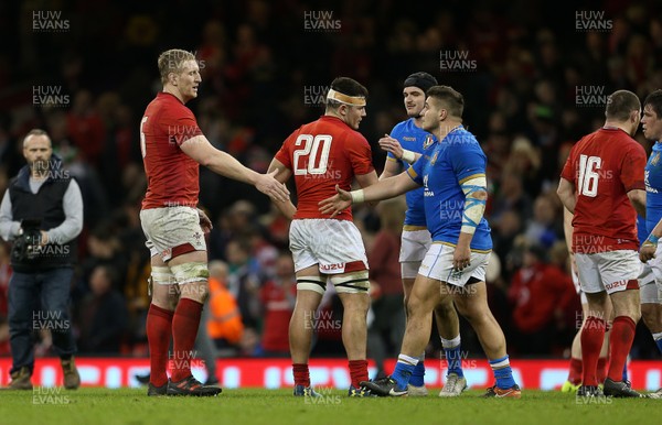 110318 - Wales v Italy - Natwest 6 Nations Championship - Bradley Davies of Wales shakes hands with Tiziano Pasquali of Italy