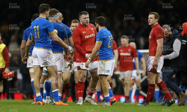 110318 - Wales v Italy - Natwest 6 Nations Championship - Rob Evans of Wales shakes hands with Guglielmo Palazzani of Italy