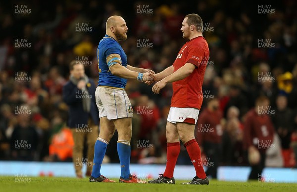 110318 - Wales v Italy - Natwest 6 Nations Championship - Leonardo Ghiraldini of Italy and Ken Owens of Wales shake hands at full time