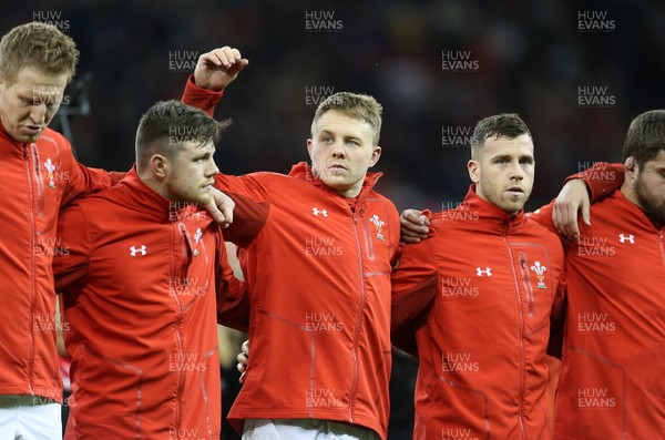 110318 - Wales v Italy - Natwest 6 Nations Championship - Steff Evans, James Davies and Gareth Davies of Wales