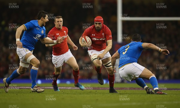 110318 - Wales v Italy, NatWest 6 Nations 2018 - Cory Hill of Wales takes on Simone Ferrari of Italy