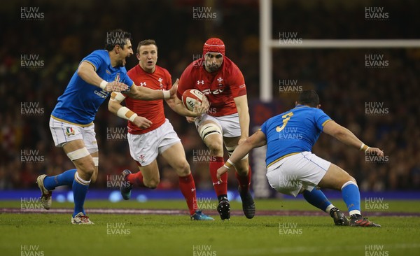 110318 - Wales v Italy, NatWest 6 Nations 2018 - Cory Hill of Wales takes on Simone Ferrari of Italy