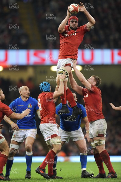 110318 - Wales v Italy - NatWest 6 Nations Championship - Cory Hill of Wales  wins clean line out ball
