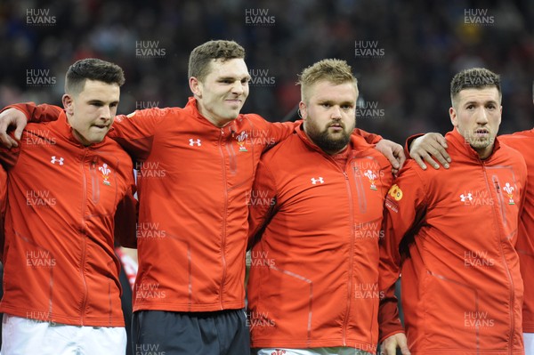 110318 - Wales v Italy - NatWest 6 Nations Championship - Owen Watkin, George North, Tomas Francis and Justin Tipuric of Wales