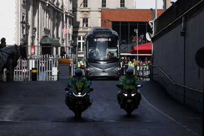 140326 - Wales v Italy - Guinness Six Nations Championship - Wales team bus arrive at the stadium