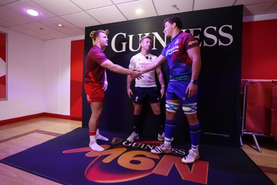140326 - Wales v Italy - Guinness Six Nations Championship - Referee Christophe Ridley with captains Dewi Lake of Wales and Michele Lamaro of Italy during the coin toss