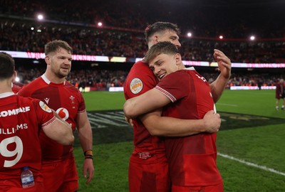 140326 - Wales v Italy - Guinness Six Nations Championship - Dafydd Jenkins and Alex Mann of Wales at full time