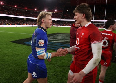 140326 - Wales v Italy - Guinness Six Nations Championship - Ellis Mee of Wales shakes hands with the opposition