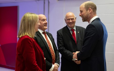 140326 - Wales v Italy, Guinness Six Nations 2026 - HRH The Prince of Wales arrives at the Principality Stadium ahead of Wales v Italy and is met by WRU CEO Abi Tierney, WRU chairman Richard Collier-Keywood and WRU President Terry Cobner 