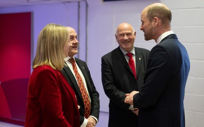 140326 - Wales v Italy, Guinness Six Nations 2026 - HRH The Prince of Wales arrives at the Principality Stadium ahead of Wales v Italy and is met by WRU CEO Abi Tierney, WRU chairman Richard Collier-Keywood and WRU President Terry Cobner 