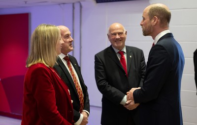 140326 - Wales v Italy, Guinness Six Nations 2026 - HRH The Prince of Wales arrives at the Principality Stadium ahead of Wales v Italy and is met by WRU CEO Abi Tierney, WRU chairman Richard Collier-Keywood and WRU President Terry Cobner 