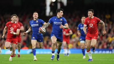 140326 - Wales v Italy, Guinness Six Nations 2026 - Tommaso Menoncello of Italy breaks away