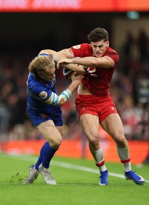 140326 - Wales v Italy, Guinness Six Nations 2026 - Eddie James of Wales is challenged by Louis Lynagh of Italy