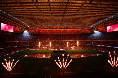 140326 - Wales v Italy - Guinness Six Nations - General view inside Principality Stadium before the match with pyrotechnics and light show