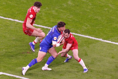 140326 - Wales v Italy - Guinness Six Nations - Tommaso Allan of Italy tackles Tommaso Allan of Italy close to the Wales try line