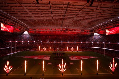 140326 - Wales v Italy - Guinness Six Nations - General view inside Principality Stadium before the match with pyrotechnics and light show