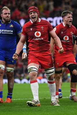 140326 - Wales v Italy - Guinness Men's Six Nations - James Botham of Wales celebrates after his side power over to score a try