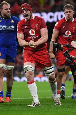 140326 - Wales v Italy - Guinness Men's Six Nations - James Botham of Wales celebrates after his side power over to score a try