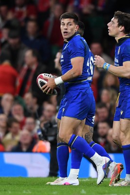 140326 - Wales v Italy - Guinness Men's Six Nations - Tommaso Allan of Italy celebrates scoring a try with team mates