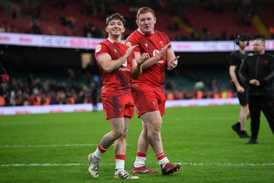 140326 - Wales v Italy - Guinness Men's Six Nations - Dan Edwards of Wales and Rhys Carre of Wales celebrate the win at full time