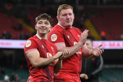 140326 - Wales v Italy - Guinness Men's Six Nations - Dan Edwards of Wales and Rhys Carre of Wales celebrate the win at full time